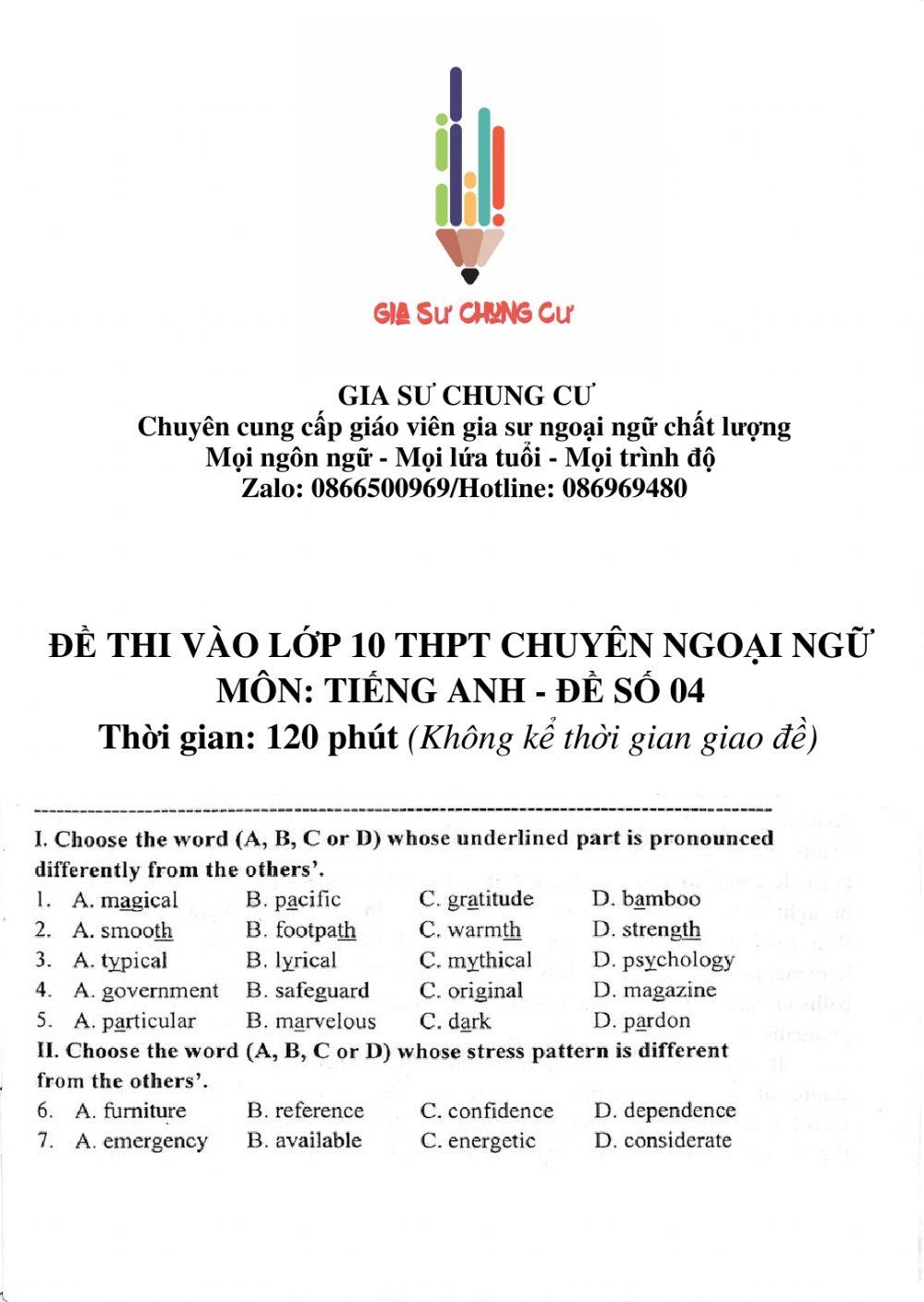 Đề thi Tiếng Anh vào lớp 10 THPT Chuyên Ngoại ngữ số 04