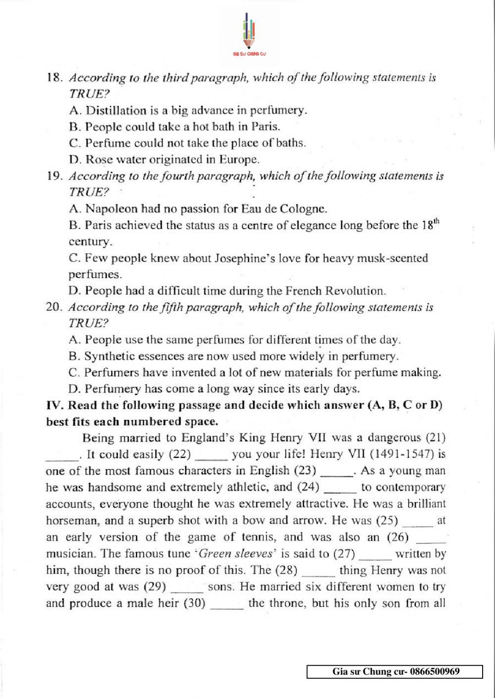 Đề thi Tiếng Anh vào lớp 10 THPT Chuyên Ngoại ngữ số 04