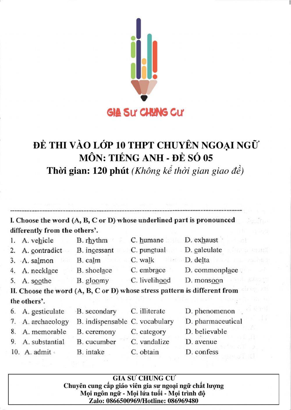 Đề thi Tiếng Anh vào lớp 10 THPT Chuyên Ngoại ngữ số 05