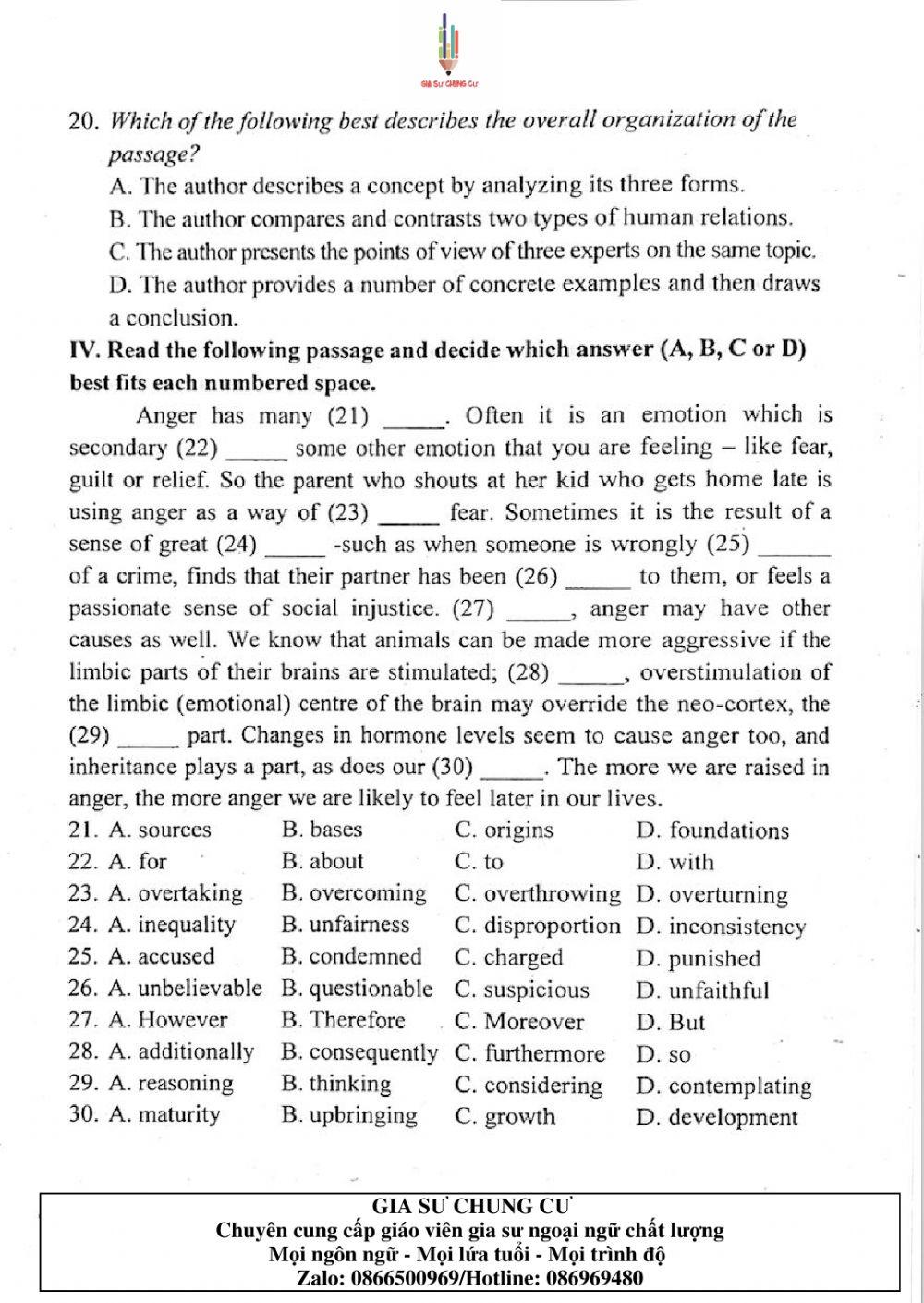 Đề thi Tiếng Anh vào lớp 10 THPT Chuyên Ngoại ngữ số 05