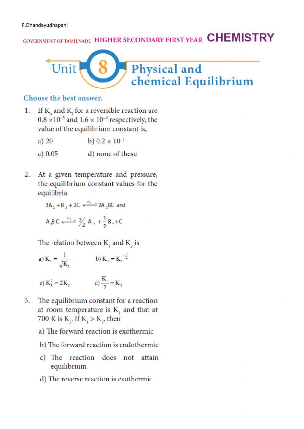 Tnscert 11th chemistry chemical equilibrium