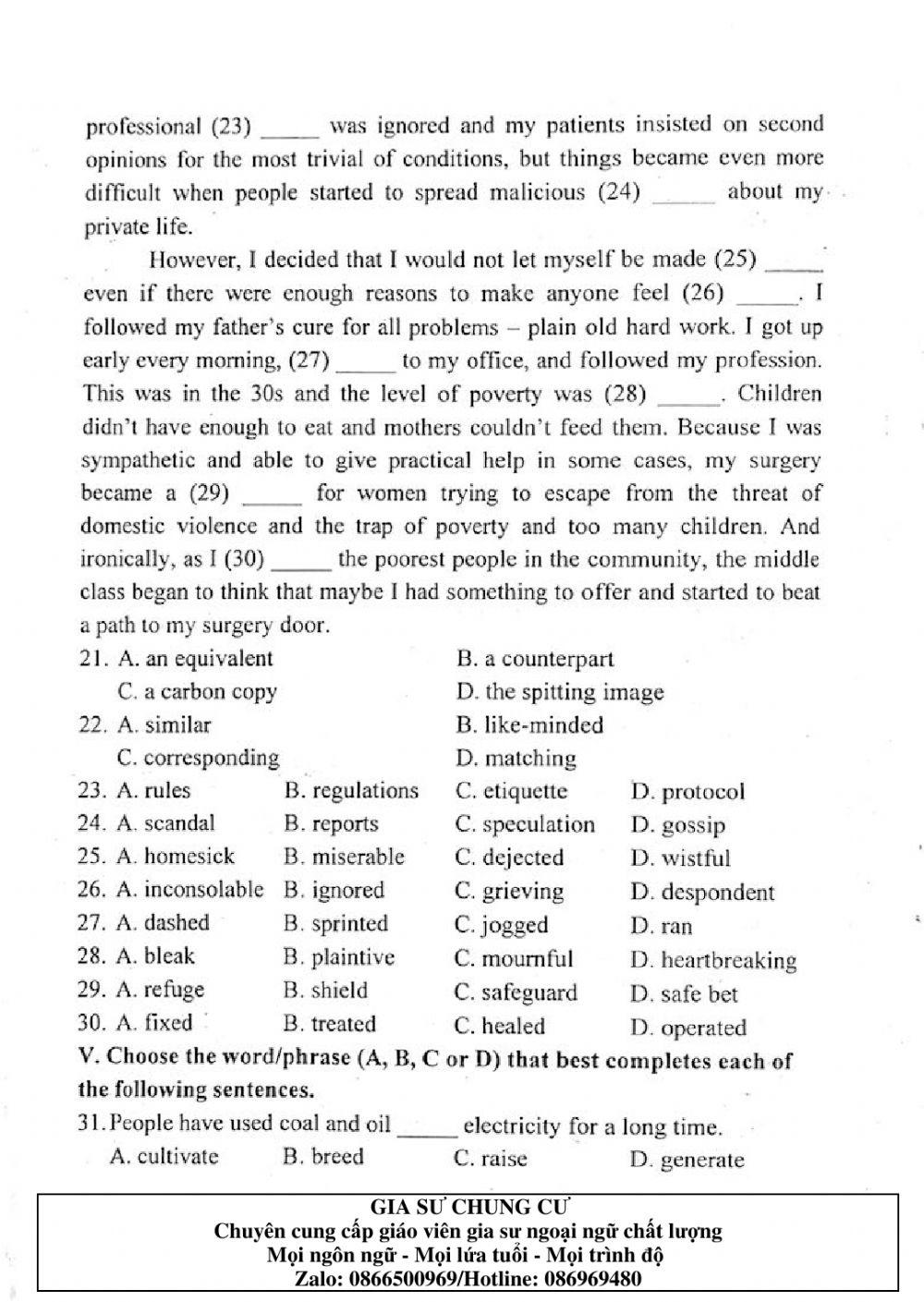 Đề thi Tiếng Anh vào lớp 10 THPT Chuyên Ngoại ngữ số 06