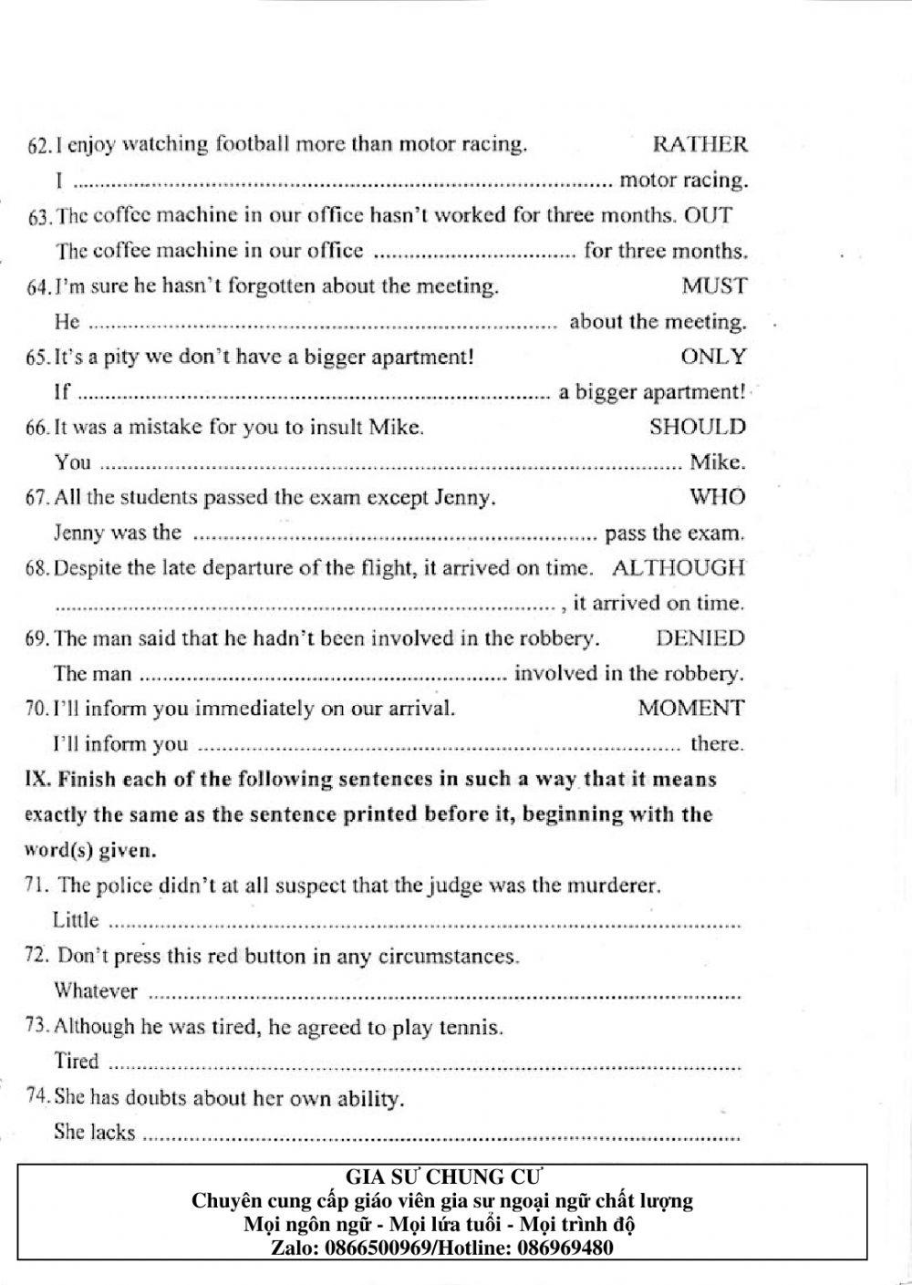 Đề thi Tiếng Anh vào lớp 10 THPT Chuyên Ngoại ngữ số 06