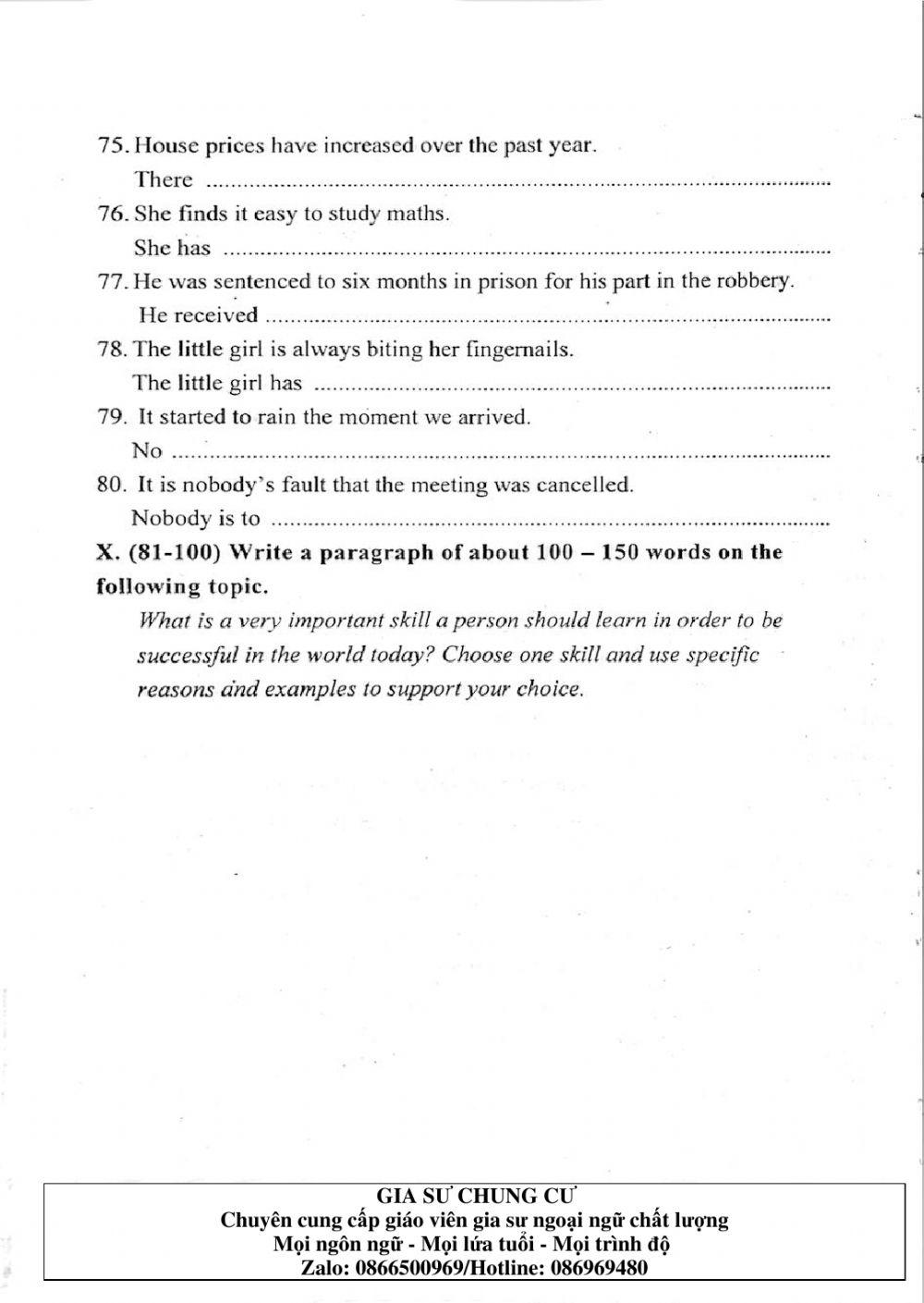 Đề thi Tiếng Anh vào lớp 10 THPT Chuyên Ngoại ngữ số 06