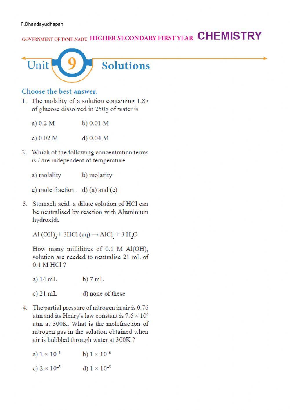 Tnscert - 11th - chemistry - solutions - english medium