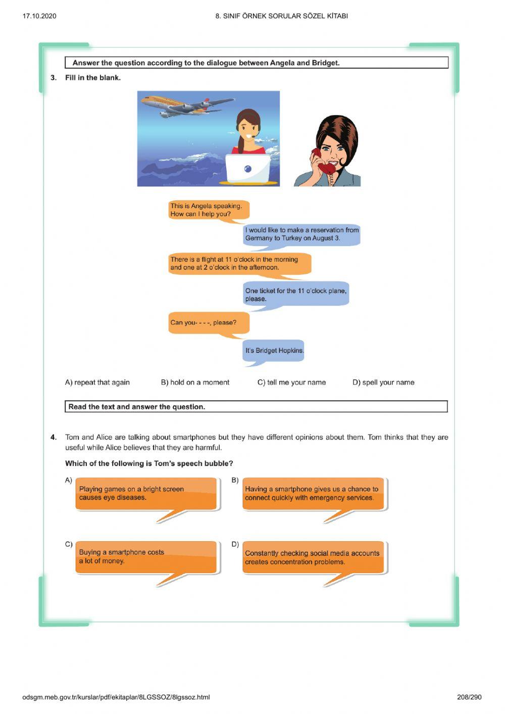 8. sınıf ingilizce 4. ünite test çöz