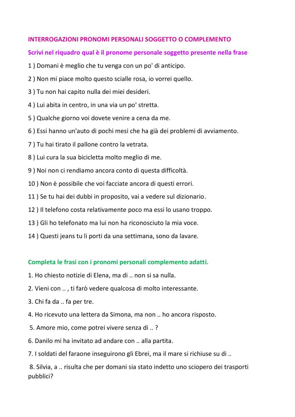 Pronomi personali soggetto e complemento