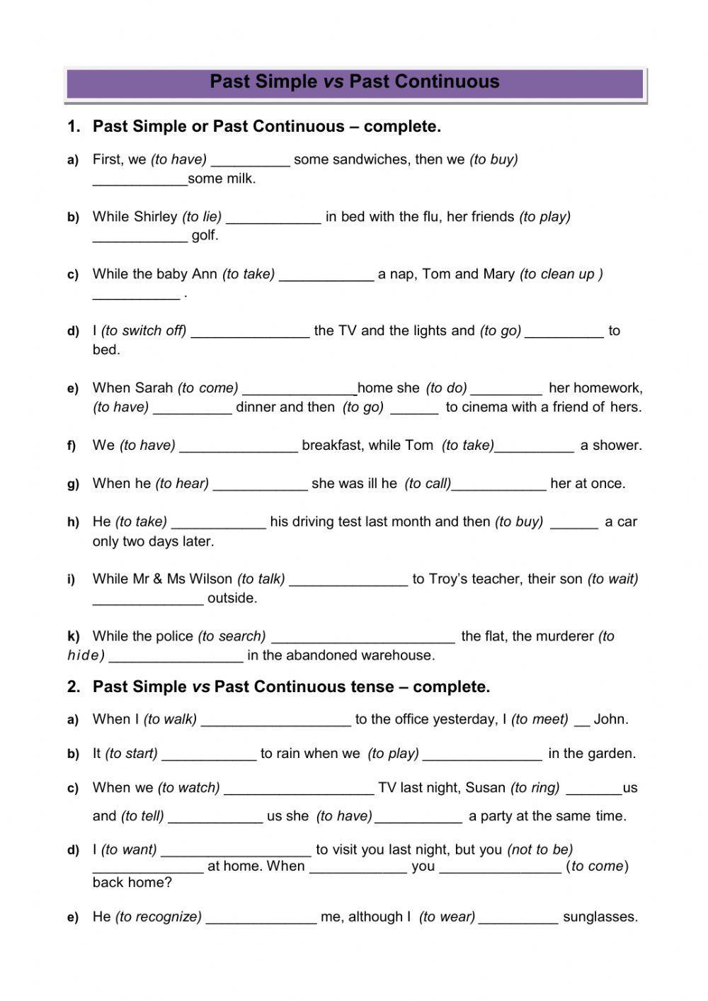 Past Continuous Tense Worksheets