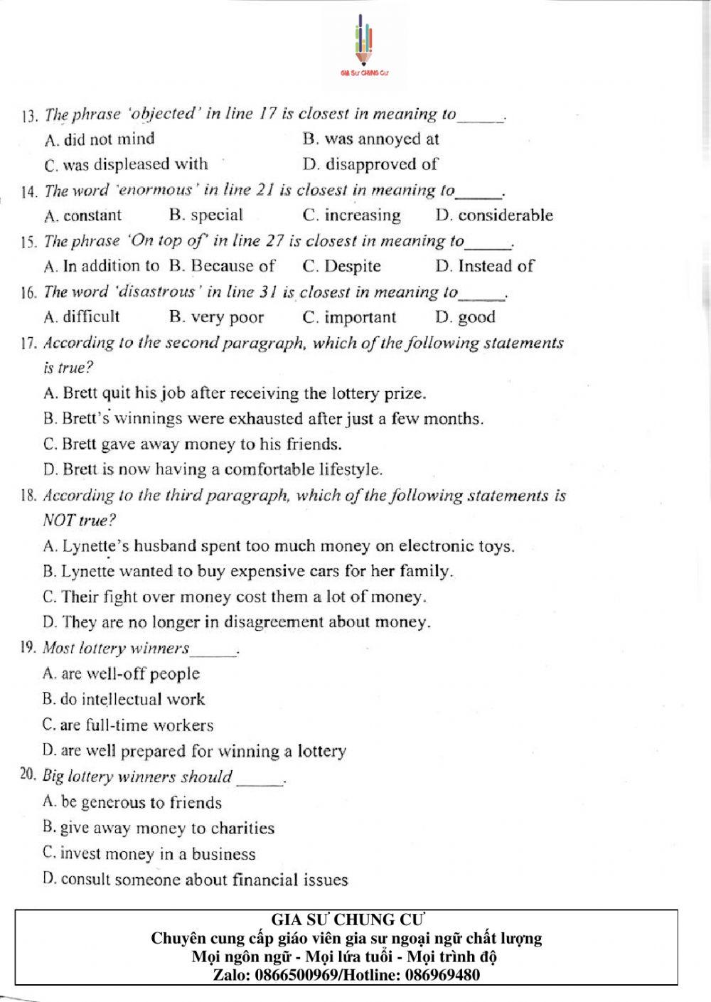 Đề thi Tiếng Anh vào lớp 10 THPT Chuyên Ngoại ngữ số 07