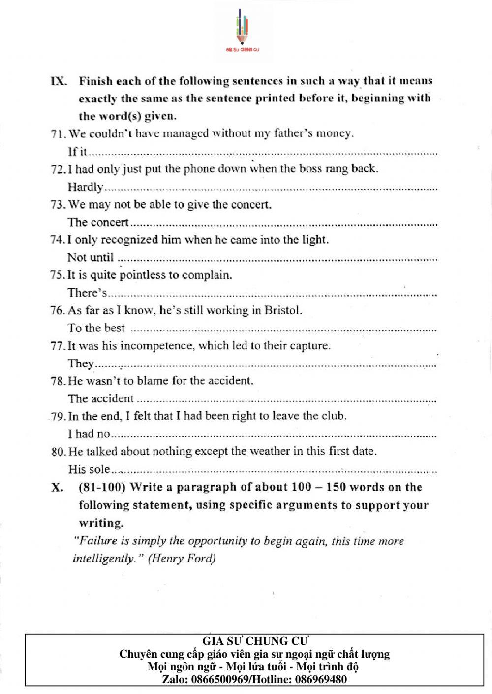 Đề thi Tiếng Anh vào lớp 10 THPT Chuyên Ngoại ngữ số 07