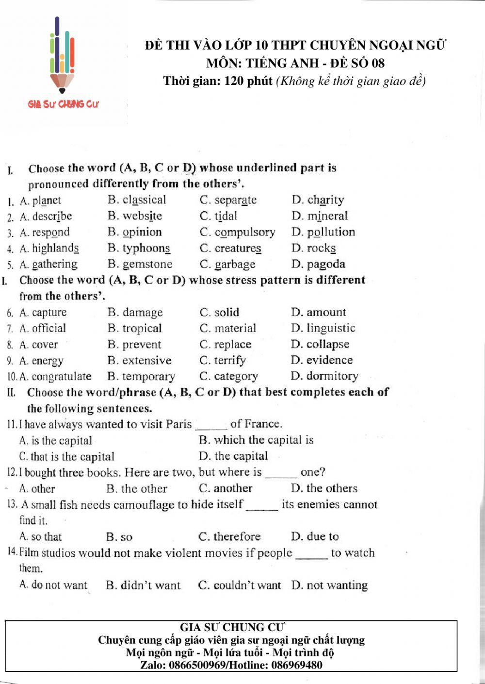 Đề thi Tiếng Anh vào lớp 10 THPT Chuyên Ngoại ngữ số 08