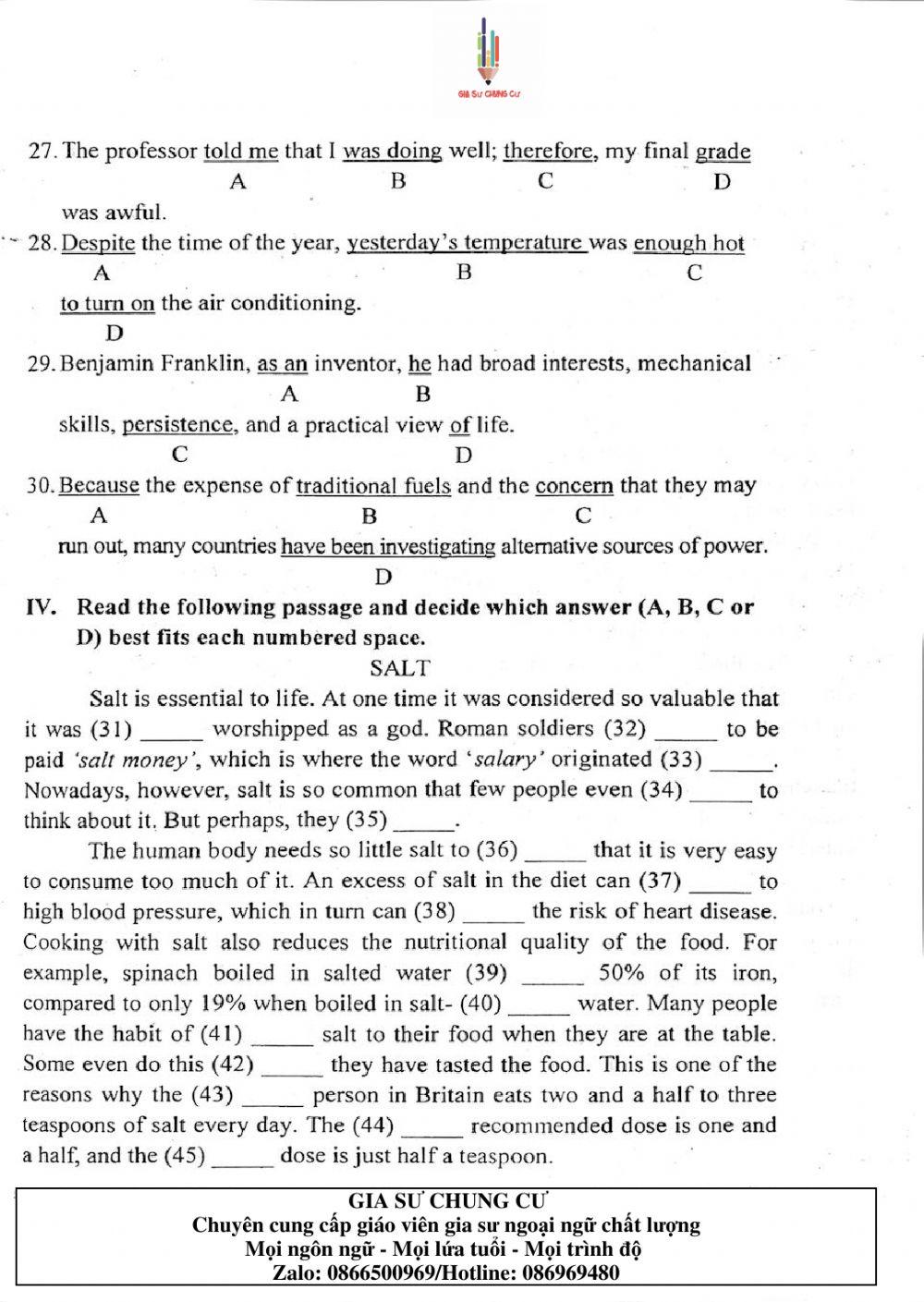 Đề thi Tiếng Anh vào lớp 10 THPT Chuyên Ngoại ngữ số 08