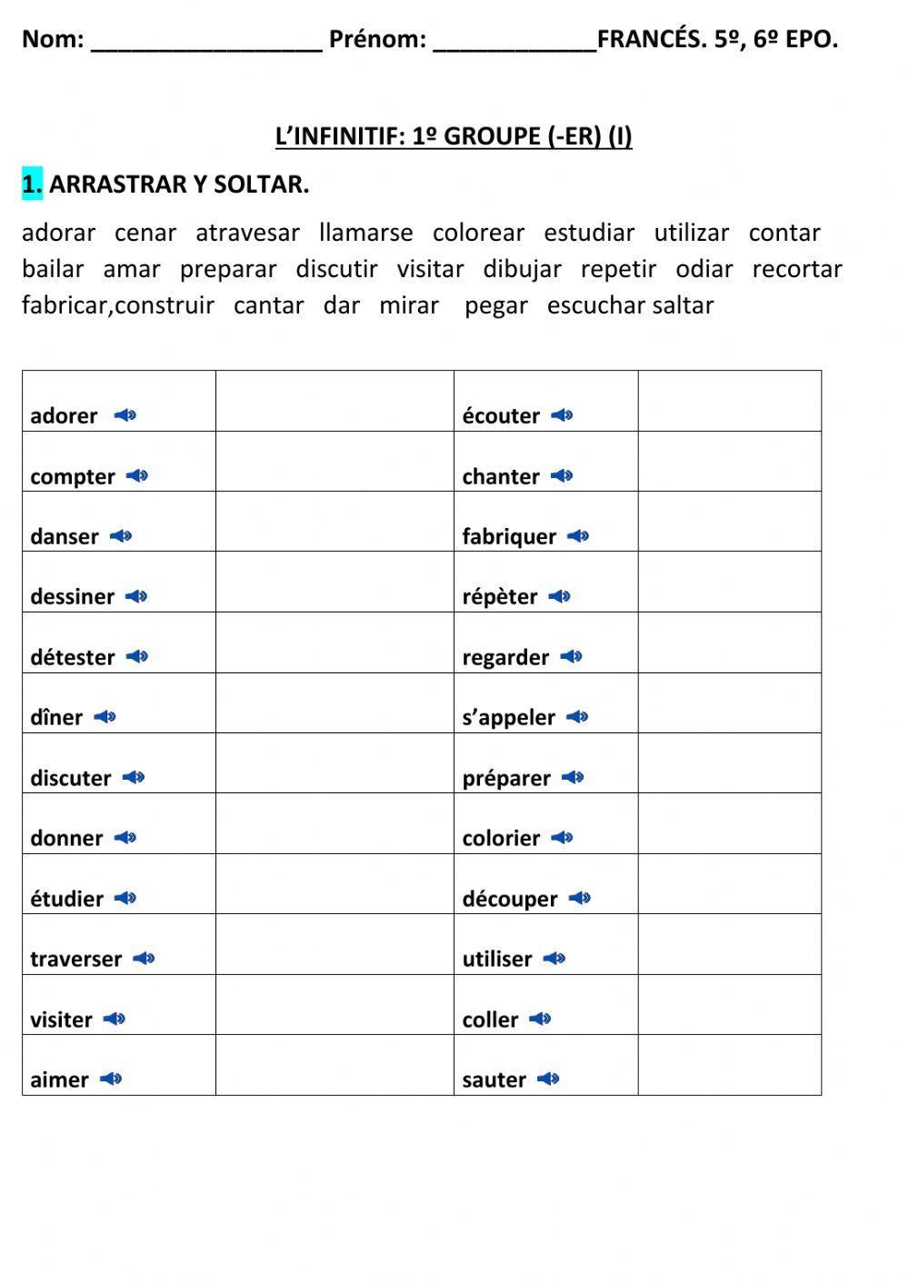 Ficha INFINITIFS 1º GROUPE (I)