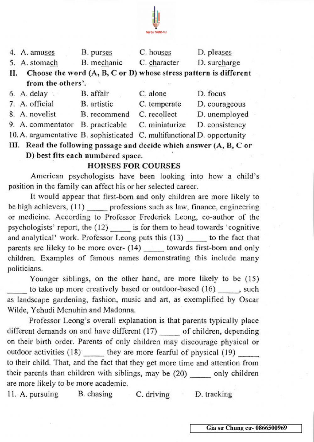 Đề thi Tiếng Anh vào lớp 10 THPT Chuyên Ngoại ngữ số 09