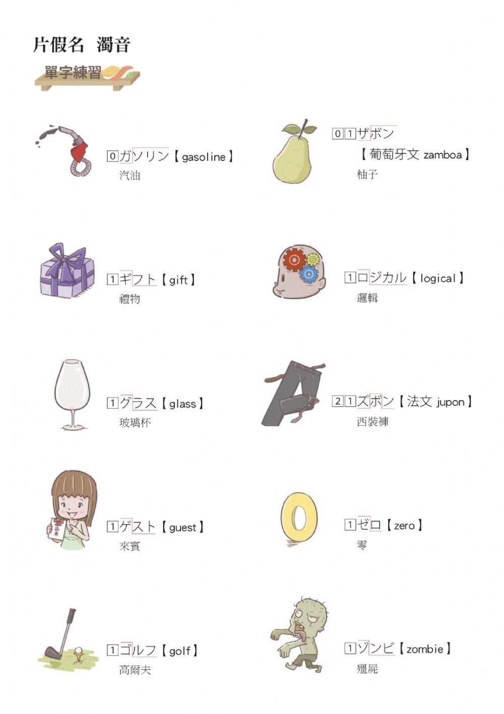 片仮名－濁音（ガ行・ザ行）