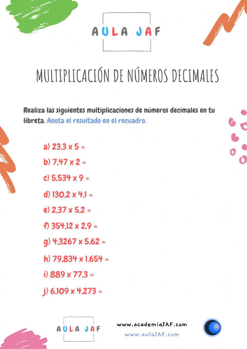 Multiplicación de números decimales - Multiplicar decimales
