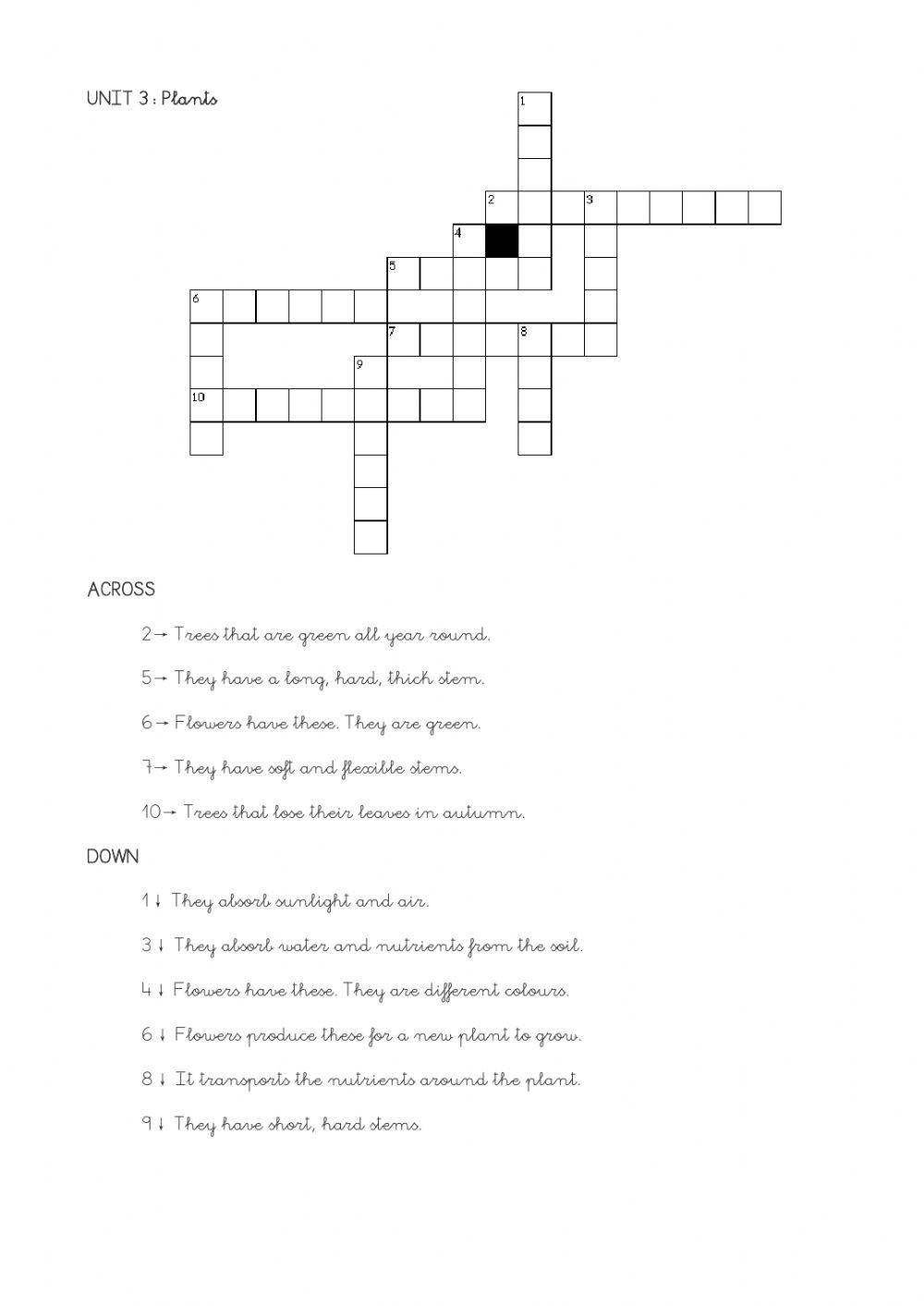 Crossword Plants Worksheet Live