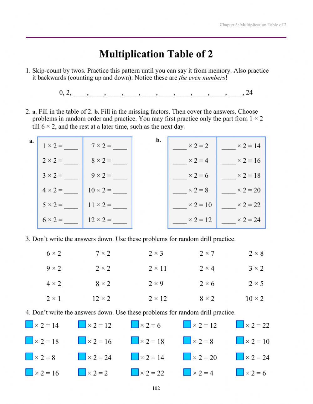Multiplication table of 2 Second grade