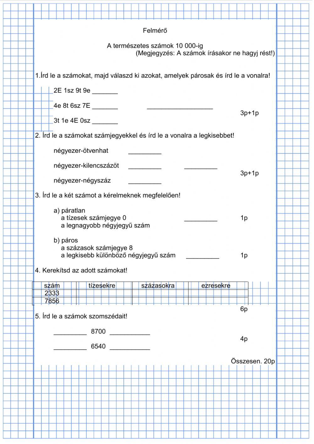 Felmérő: Természetes számok 10 000-ig