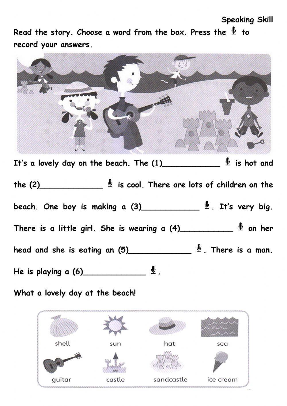 WB p113-Read the story. Choose a word from the box. Press the recorders to record your answers.