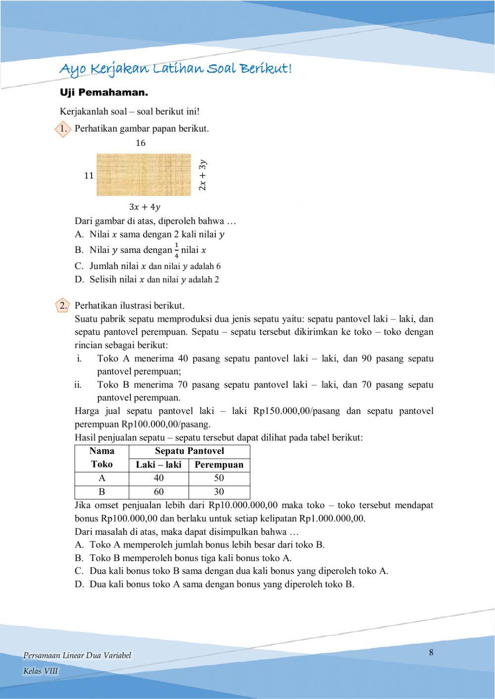 LKPD 2. Sistem Persamaan Linear Dua Variabel (SPLDV)