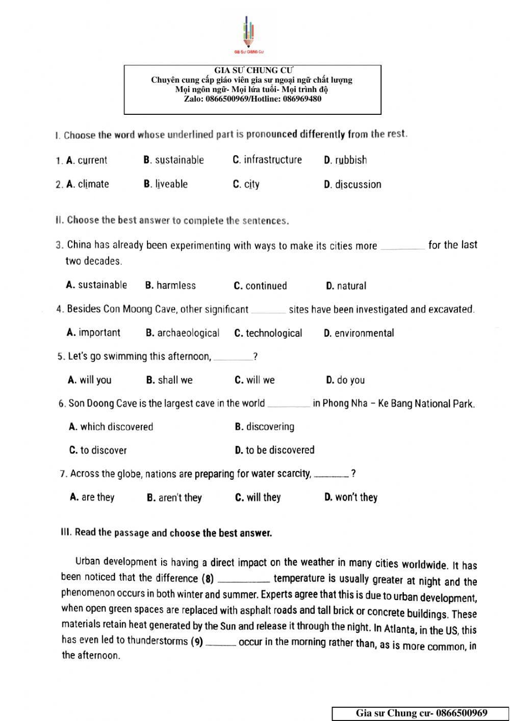 Lớp 11 - Kiểm tra 15 phút lần 2 Unit 1,2,3