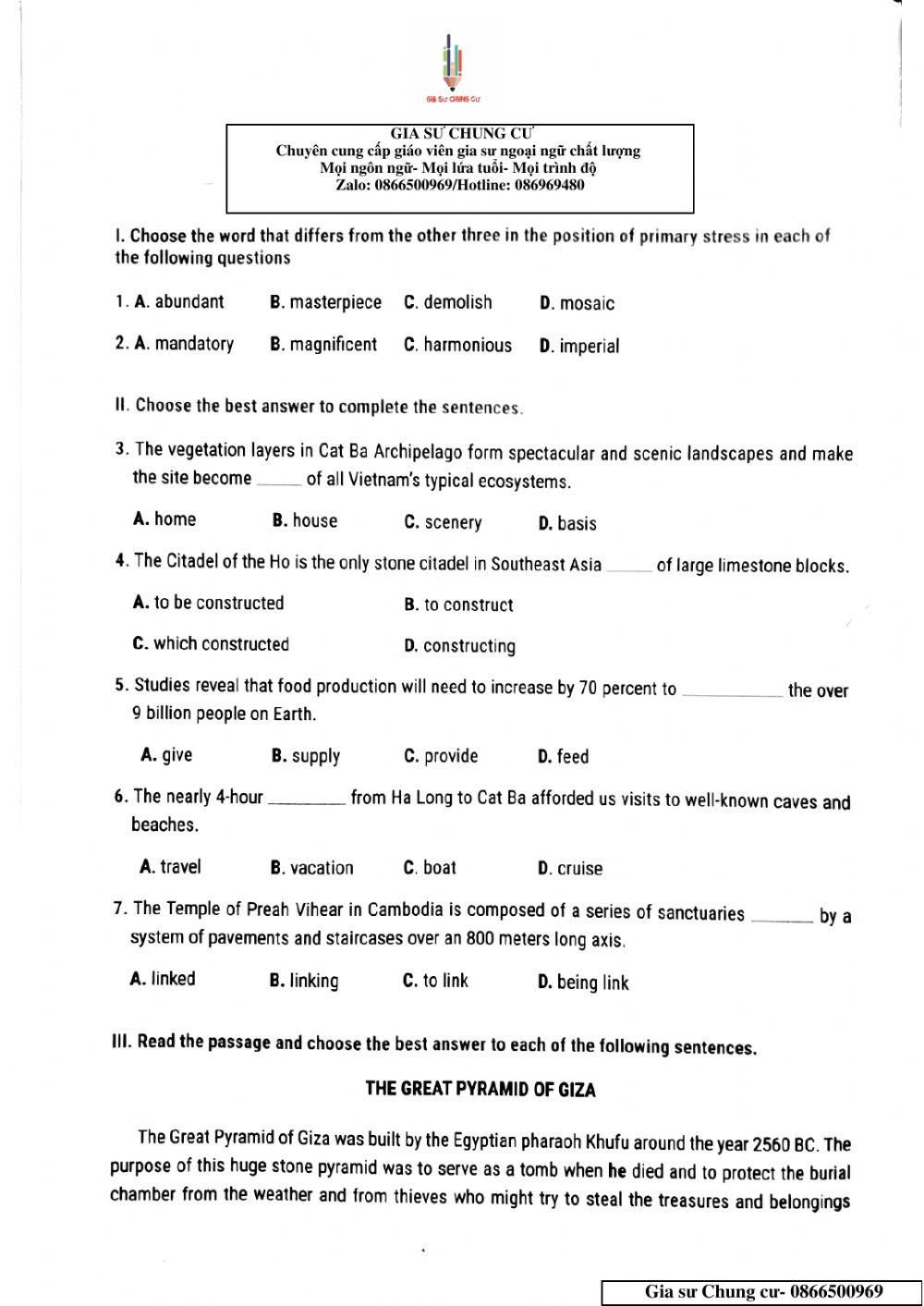 Lớp 11 - Kiểm tra 15 phút lần 3 Unit 1,2,3