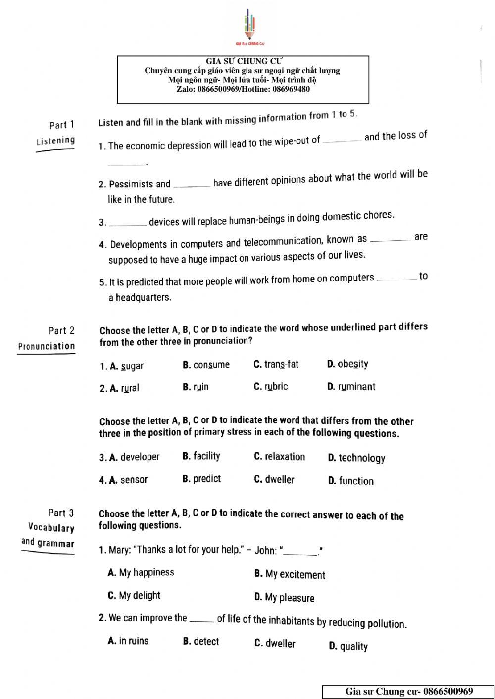 Lớp 11 - Kiểm tra 45 phút Unit 9,10
