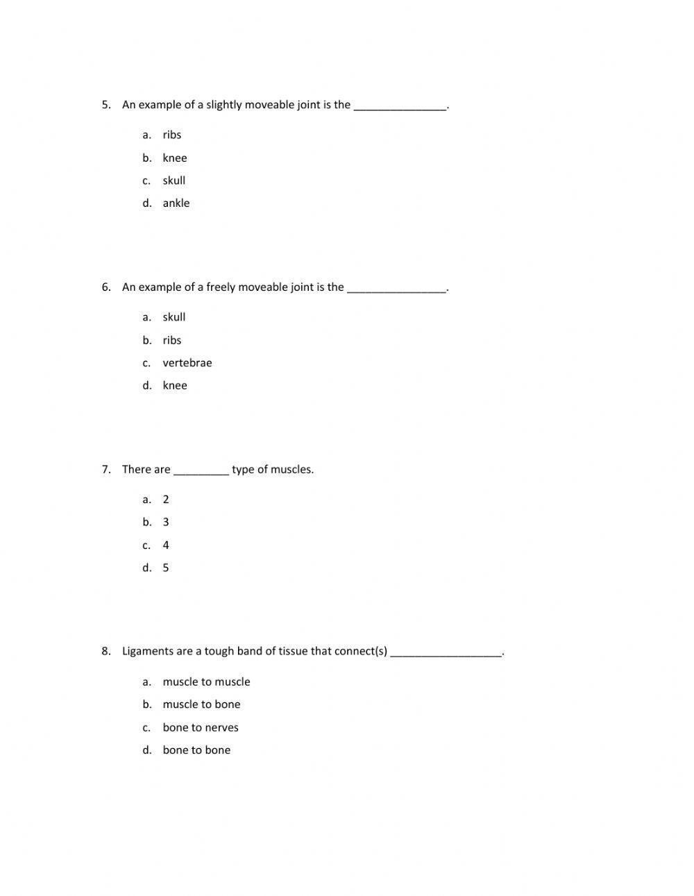 Science Bones and Muscle Test