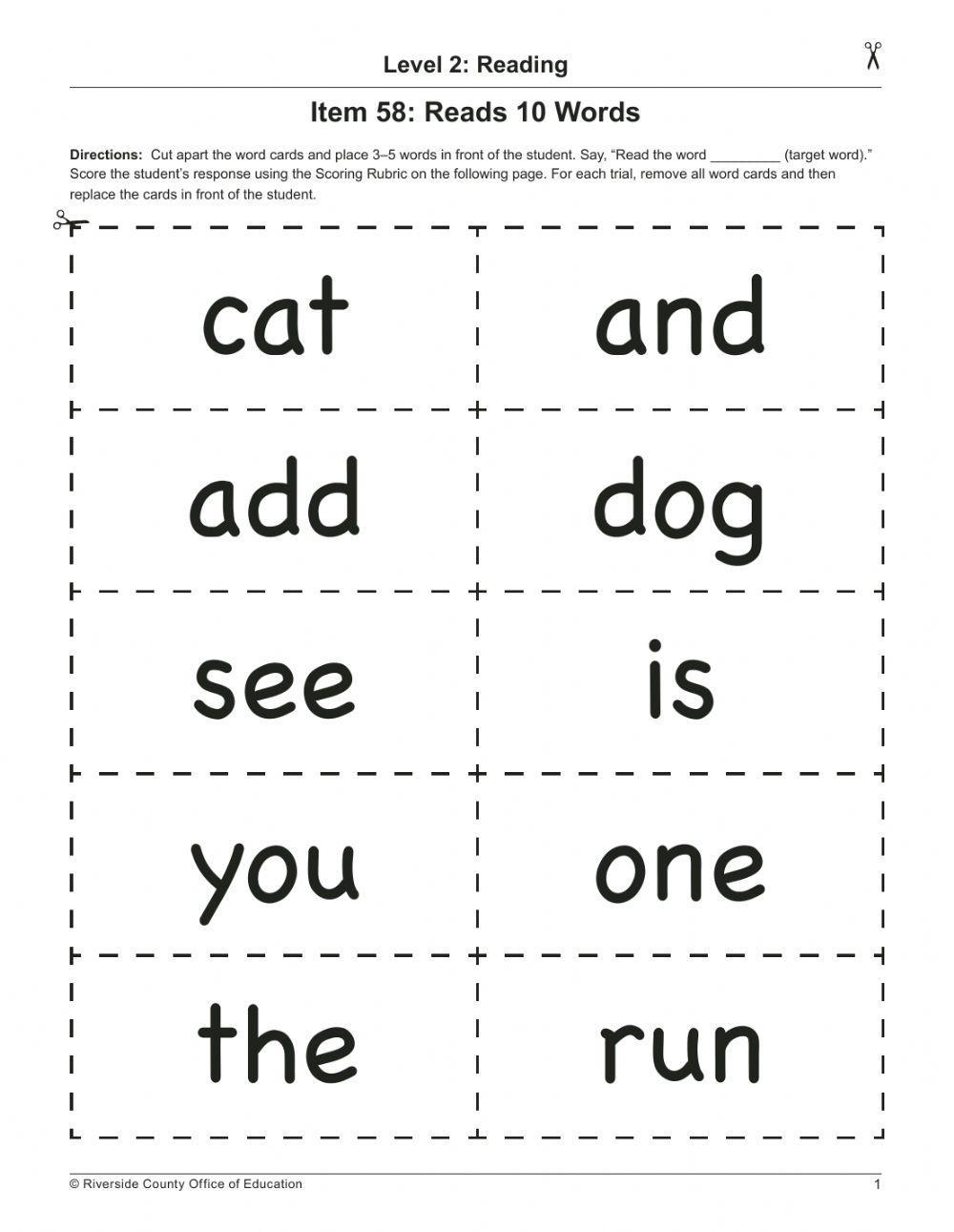 Read 10 words at kindergarten level