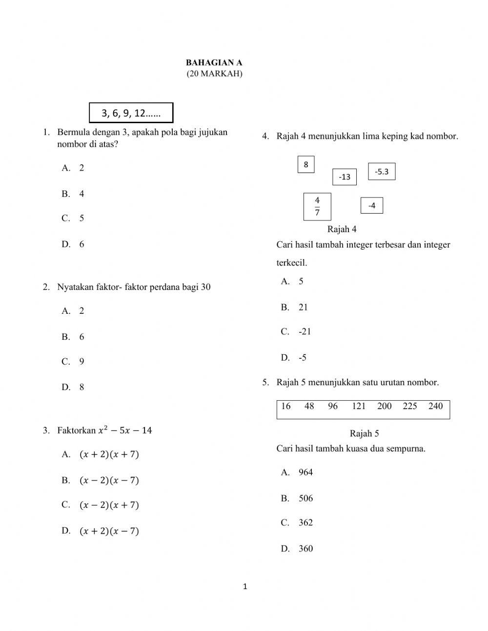 Peperiksaan Akhir Tahun Matematik Tingkatan 2 (Bahagian A)