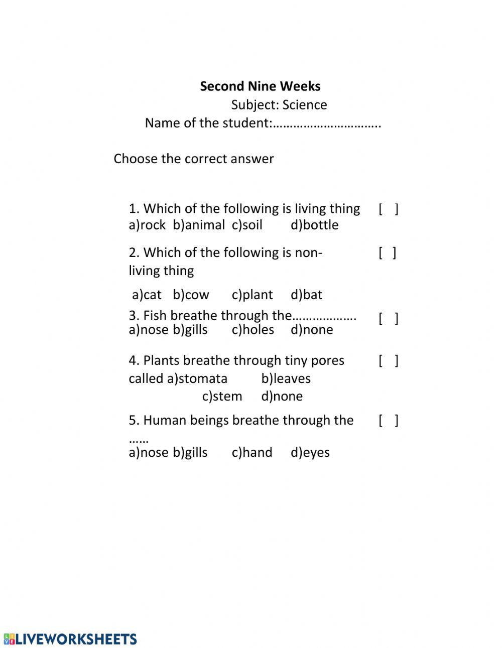 Second nine weeks science test online exercise for live worksheets