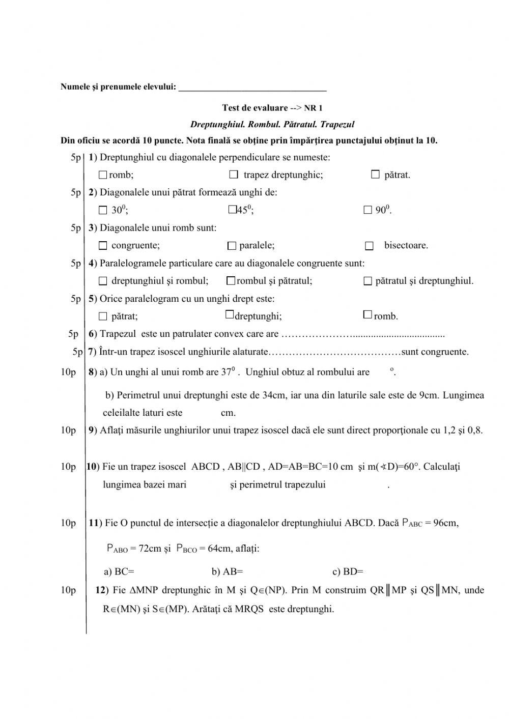 Dreptunghi. Romb. Patrat. Trapez NR1