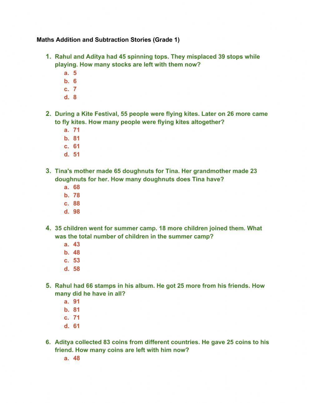 Addition and Subtraction Grade 1