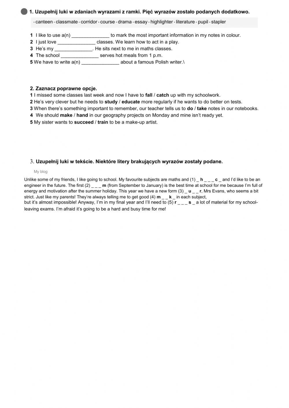 Praca domowa słownictwo