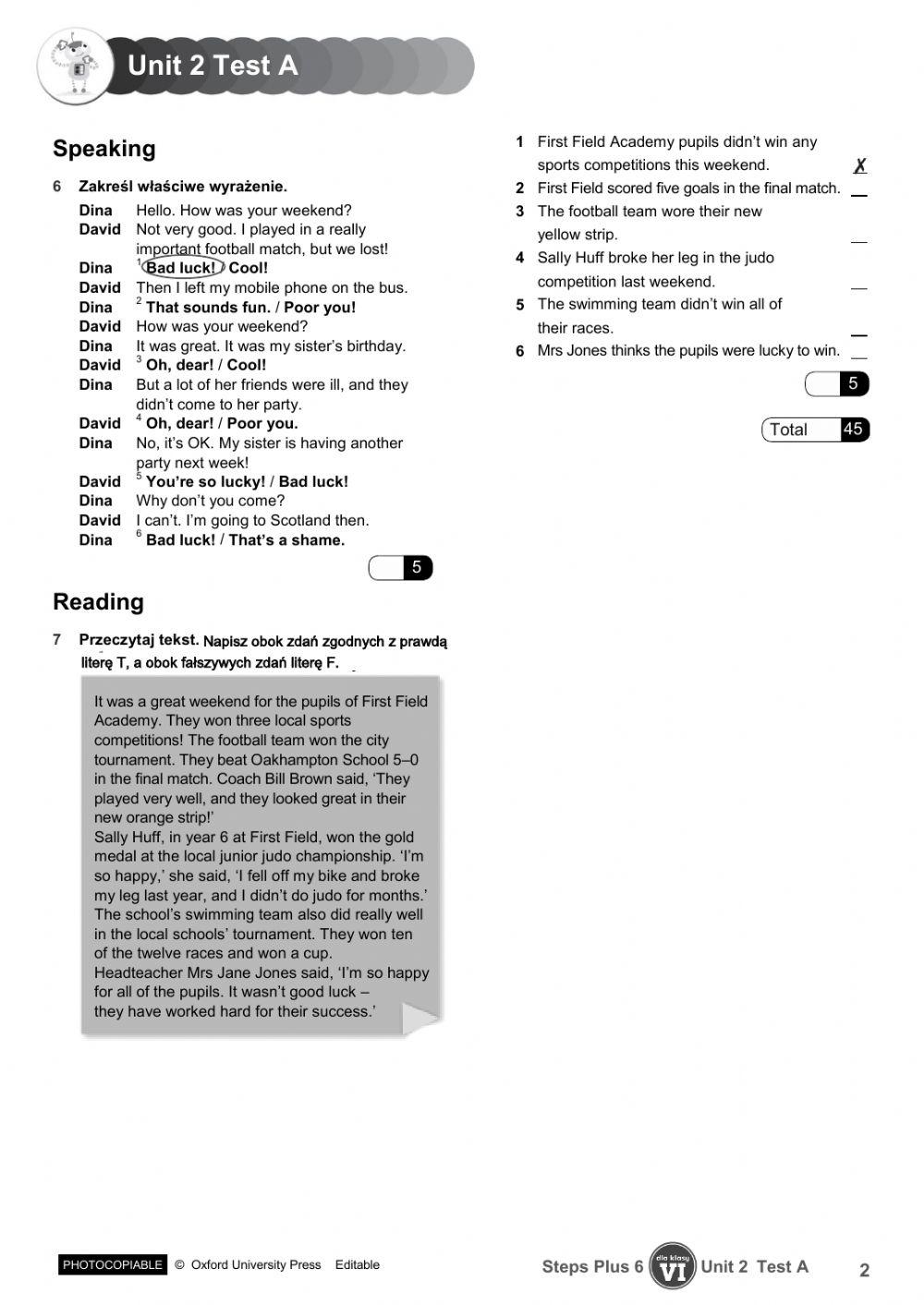 Steps Plus Klasa 6 Testy 4507703 | Steps Plus dla klasy 6 Test Unit 2 | Joanna