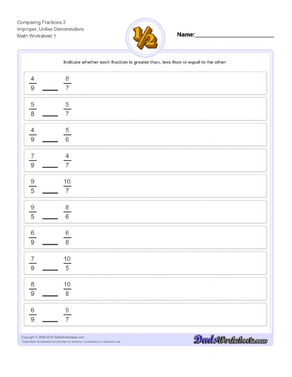 Comparing Fractions Unlike Denominators WS1 online exercise for Live