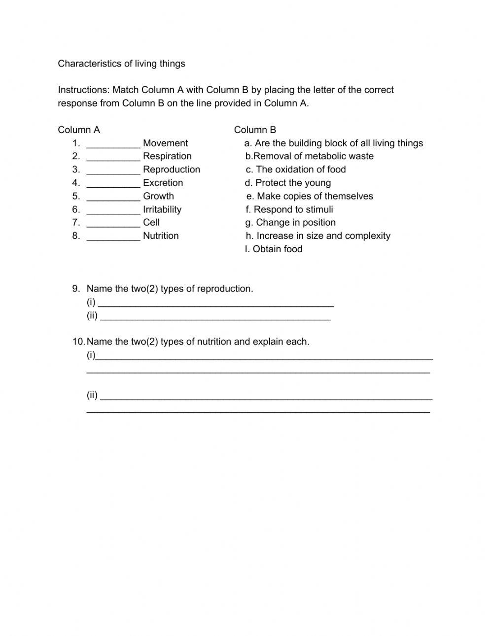 Characteristics of living things