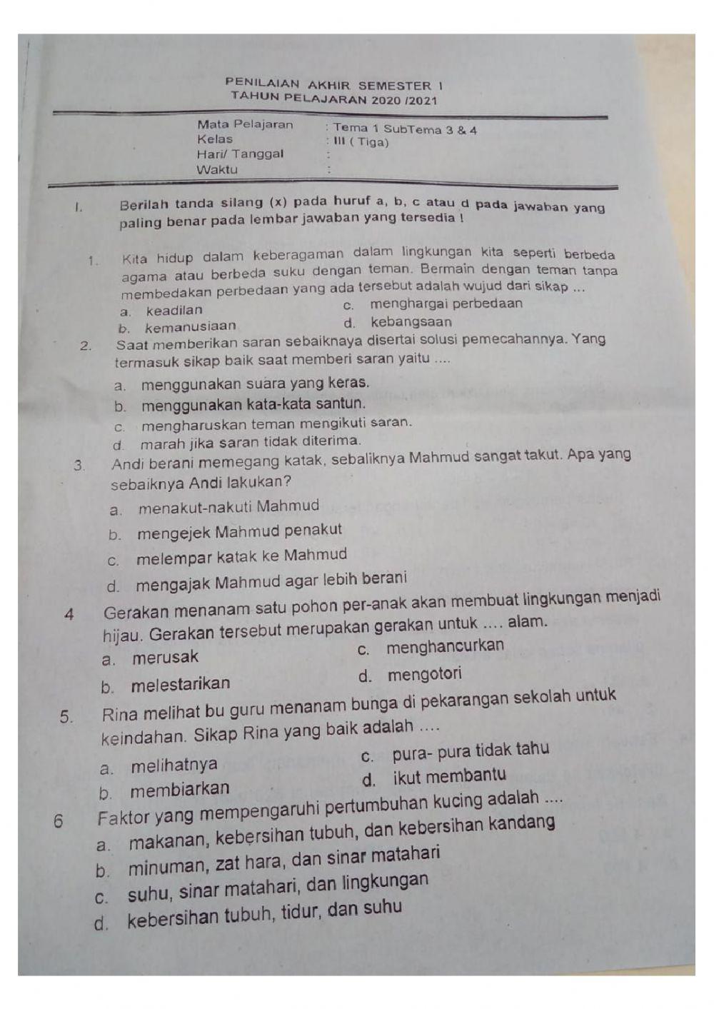 PAS Tematik Tema 1 Sub tema 3 dan 4