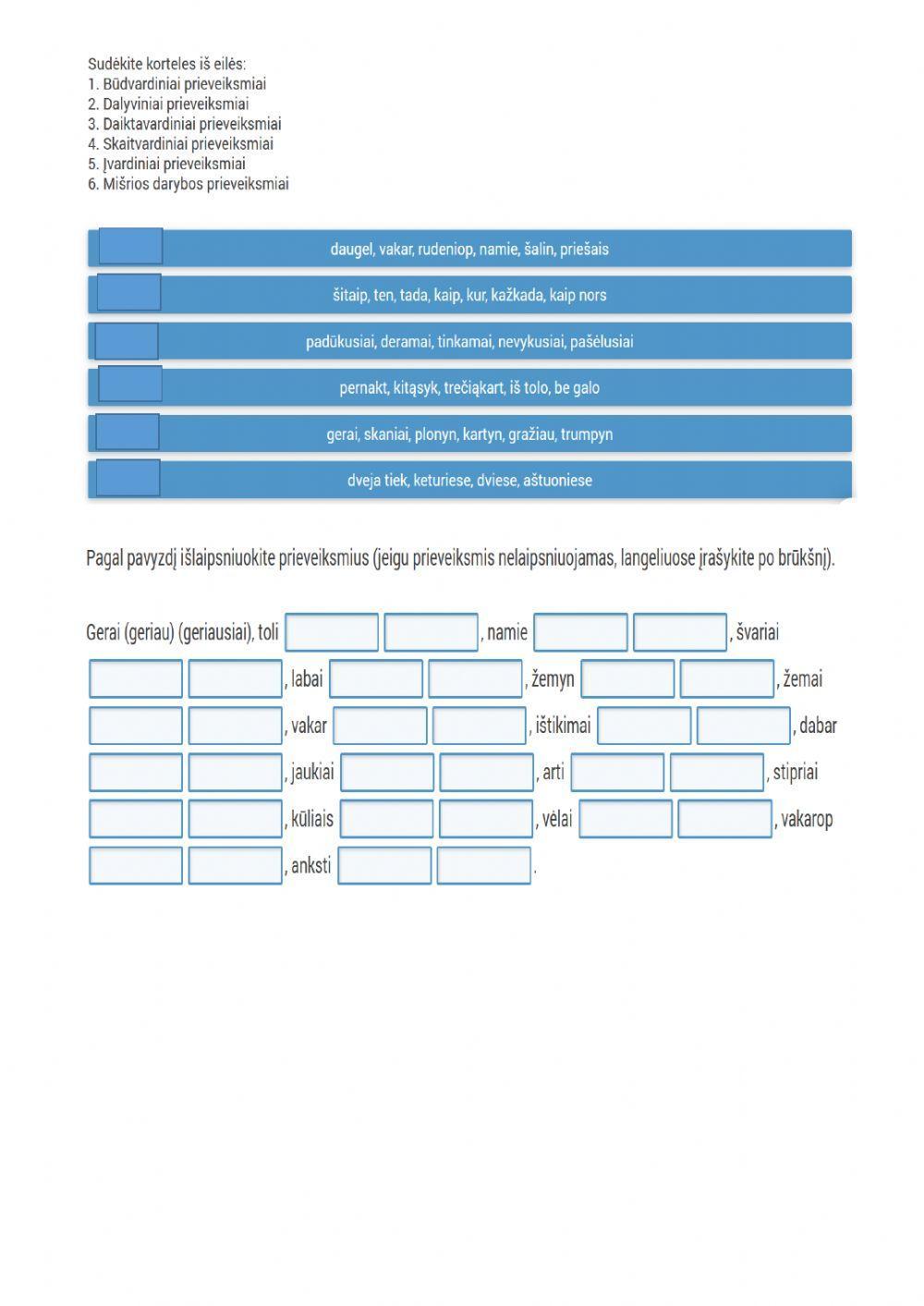 Prieveiksmių skyriai, daryba, laipsniavimas