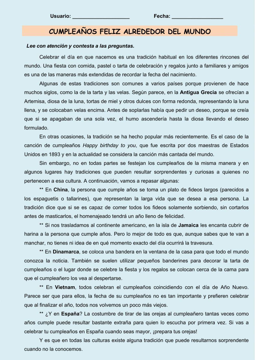 Comprensión escrita. Feliz cumpleaños alrededor del mundo