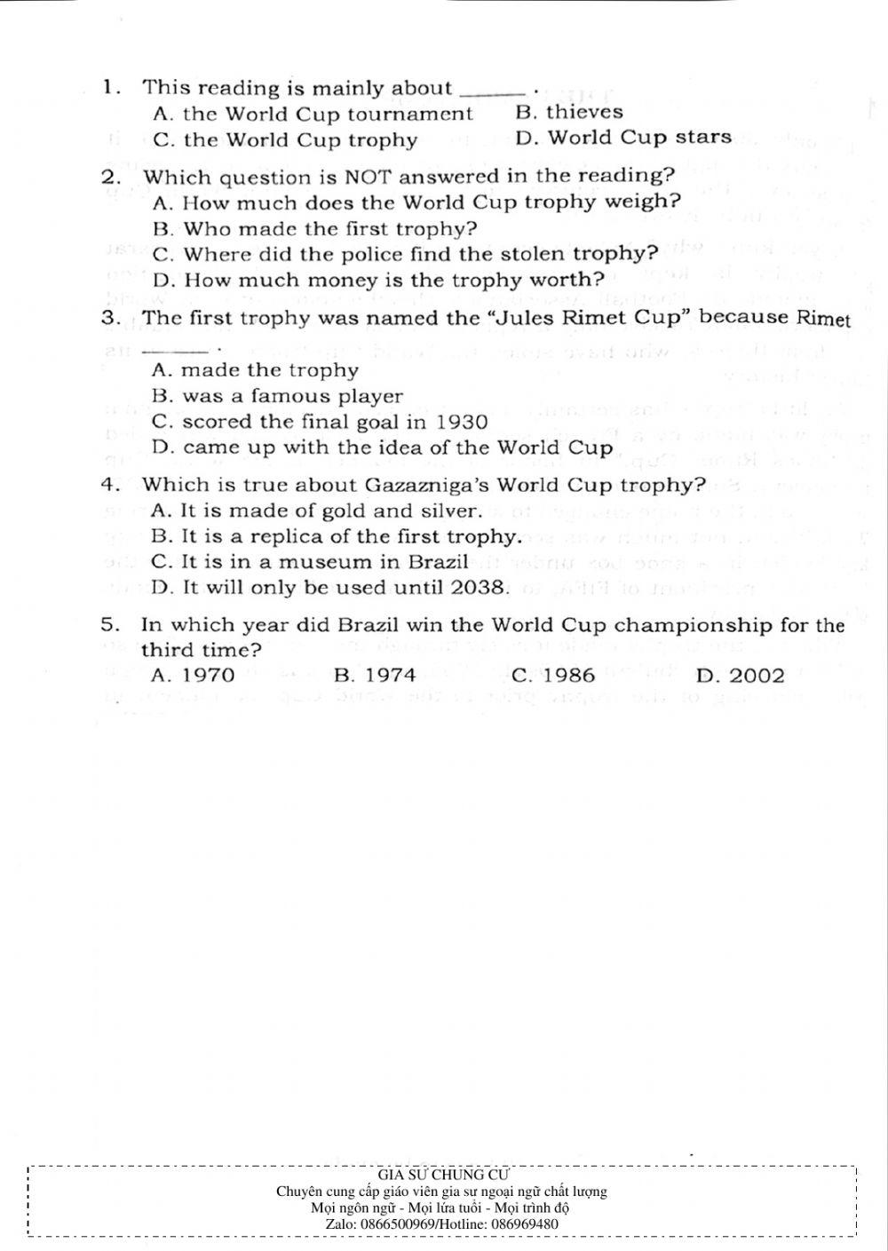 Trắc nghiệm Kỹ năng đọc hiểu Tiếng Anh số 01