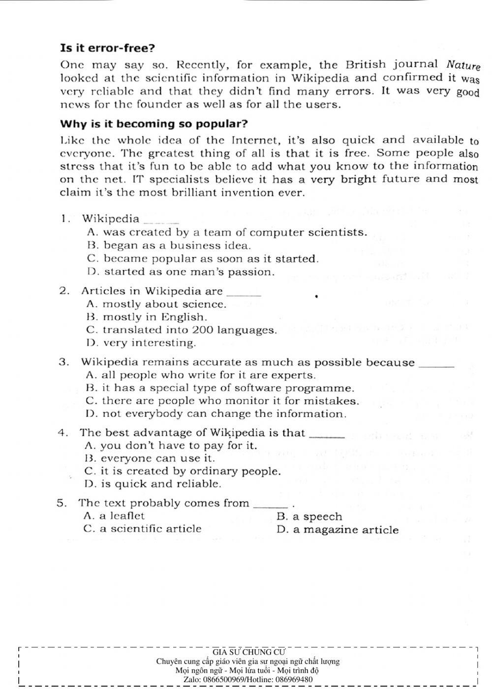 Trắc nghiệm Kỹ năng đọc hiểu Tiếng Anh số 01