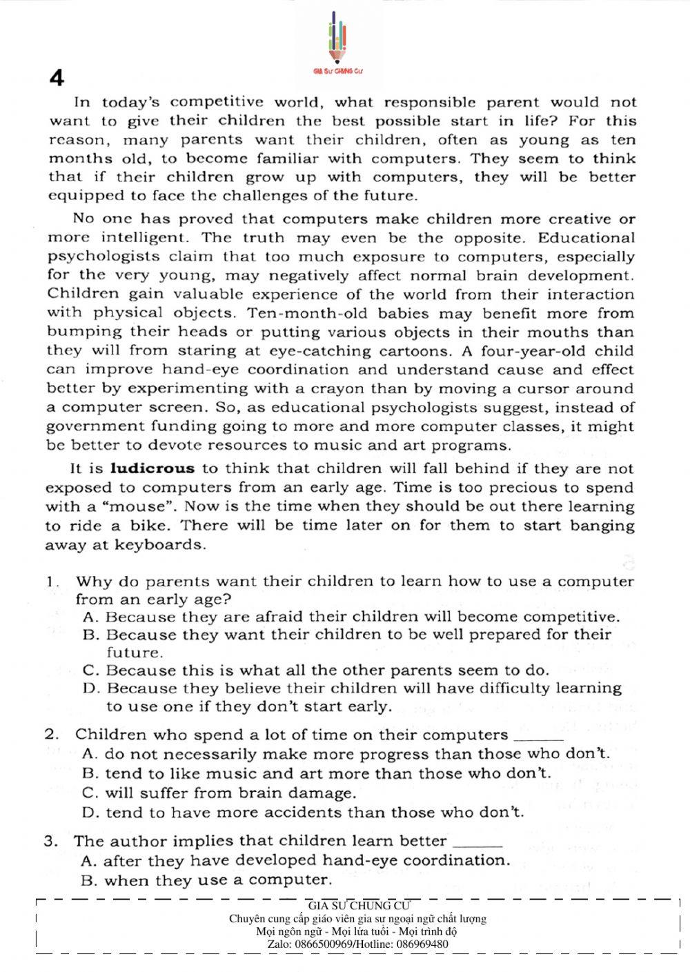 Trắc nghiệm Kỹ năng đọc hiểu Tiếng Anh số 02