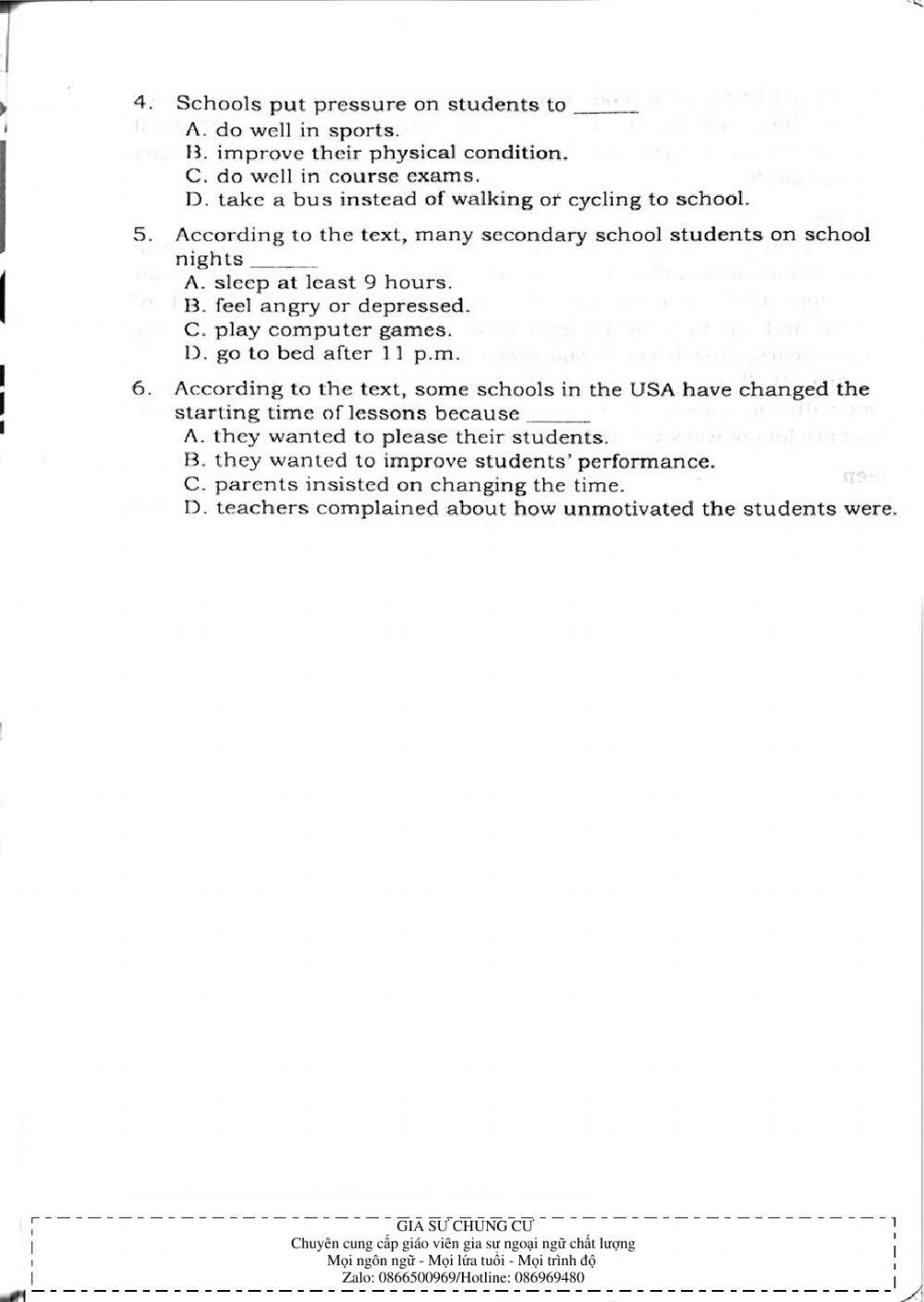 Trắc nghiệm Kỹ năng đọc hiểu Tiếng Anh số 04