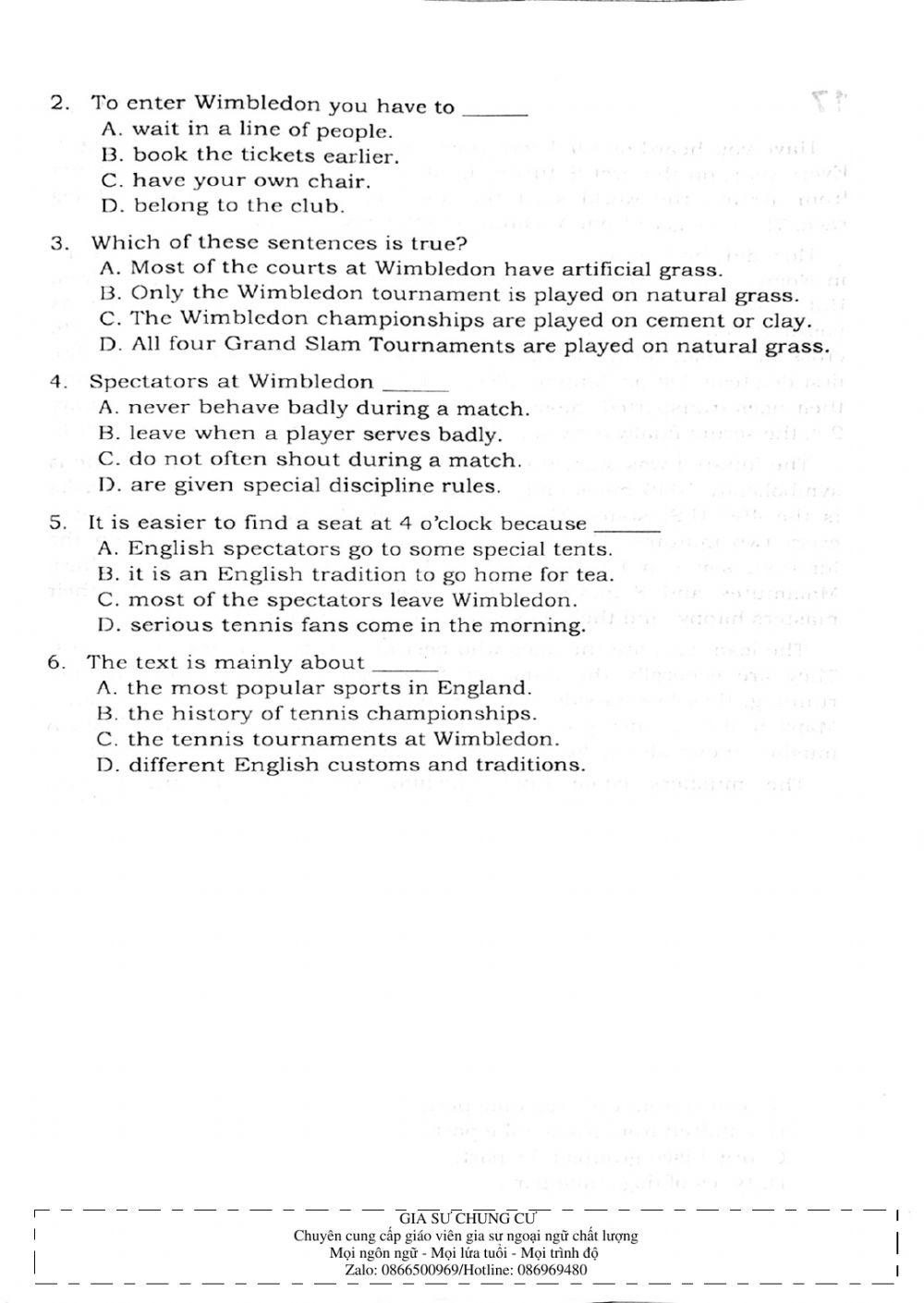 Trắc nghiệm Kỹ năng đọc hiểu Tiếng Anh số 06