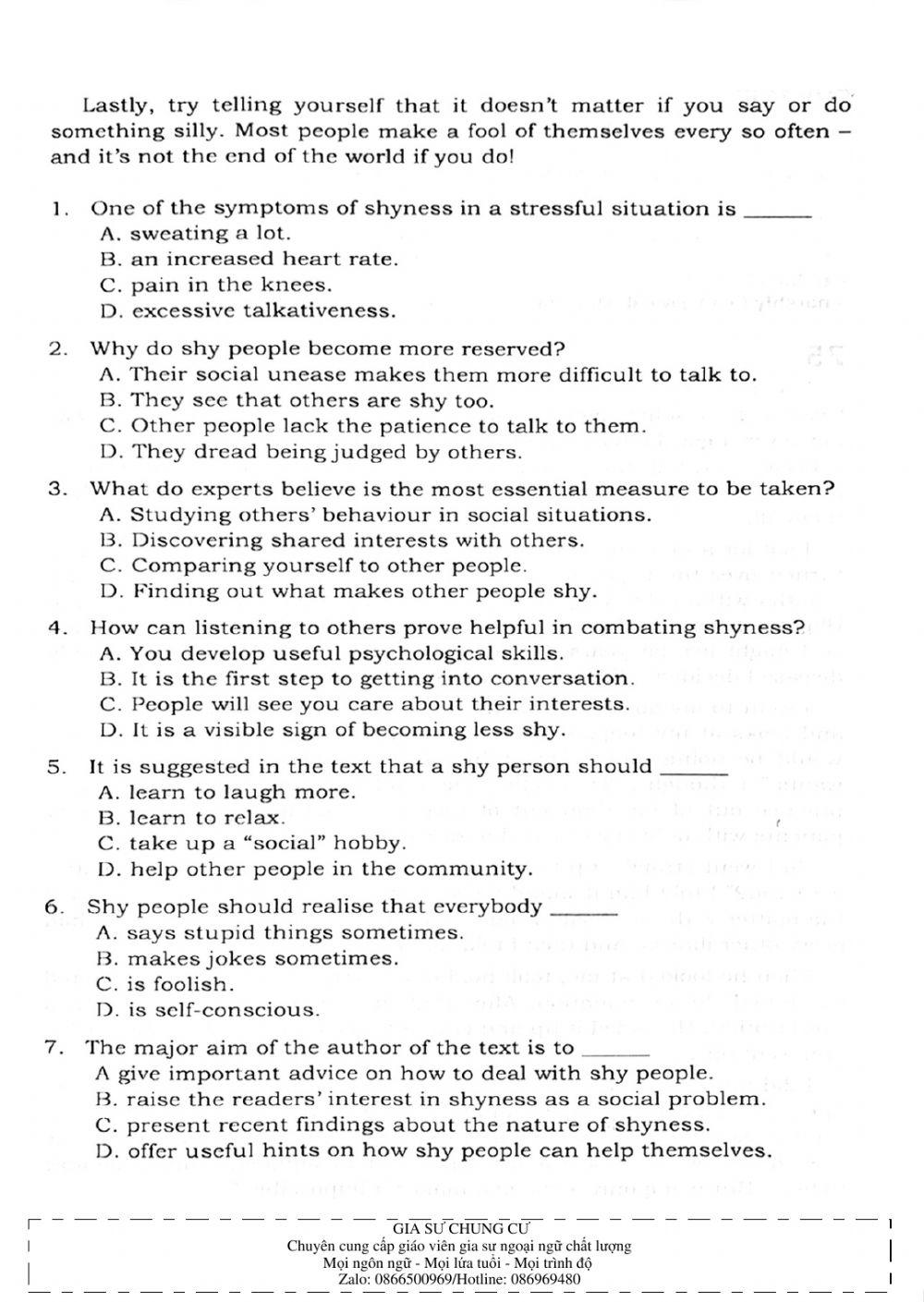 Trắc nghiệm Kỹ năng đọc hiểu Tiếng Anh số 08