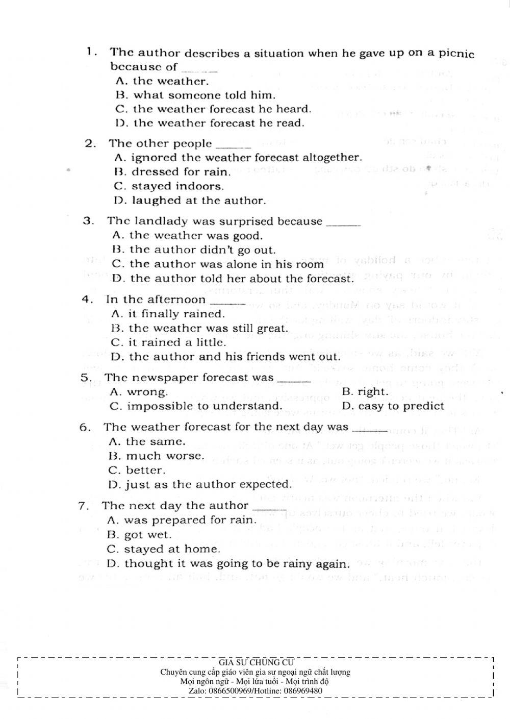Trắc nghiệm Kỹ năng đọc hiểu Tiếng Anh số 10
