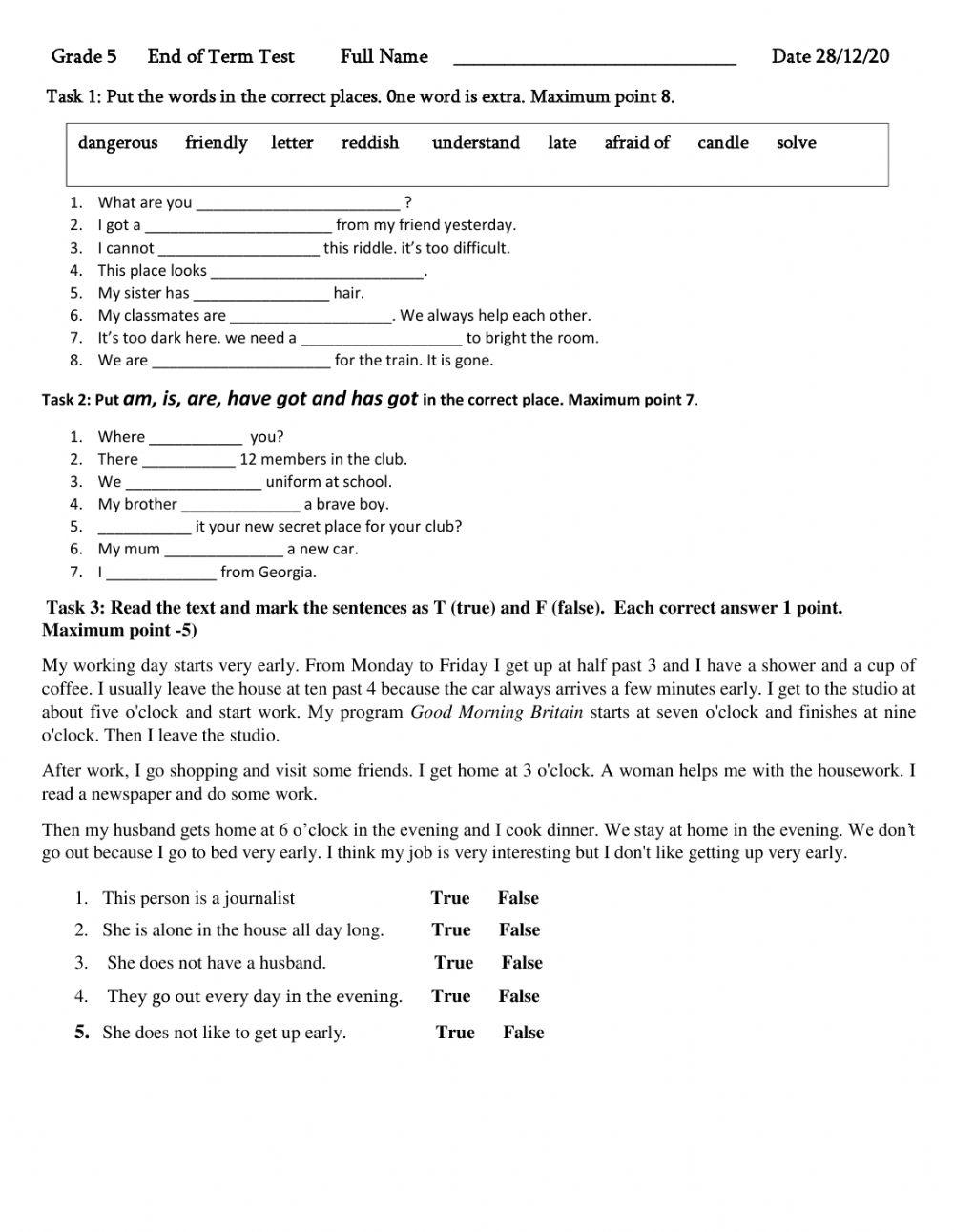 Grade 5- End ofT erm Test