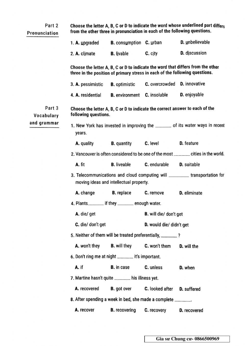 Lớp 11 - test 45 phút Unit 9,10